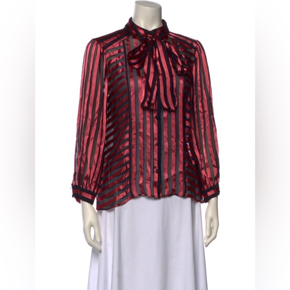 NWT Alice & Olivia Silk Pink and Black Striped Tie-Neck Blouse medium - Picture 2 of 8